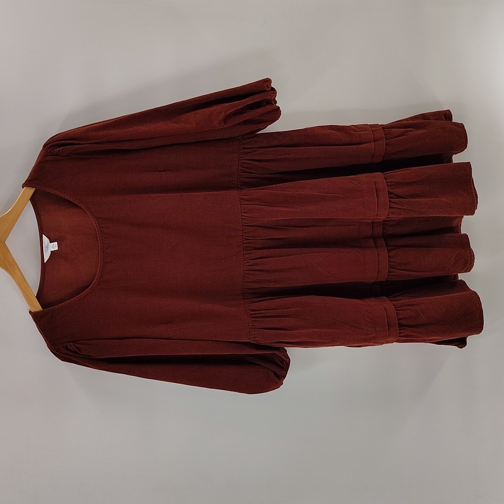 Time & Tru Brown Corduroy Knee Dress Small Quarter Sleeve Tiered Pullover